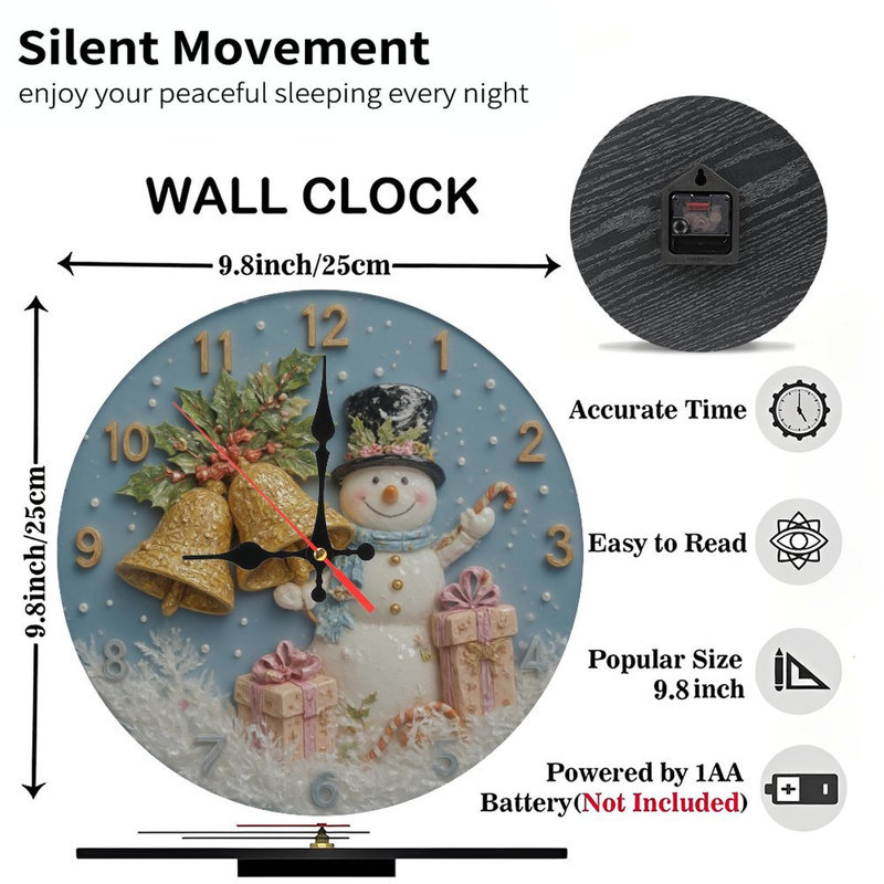 Bonhomme de neige-Horloge-Avec-Cloches-Cadeaux