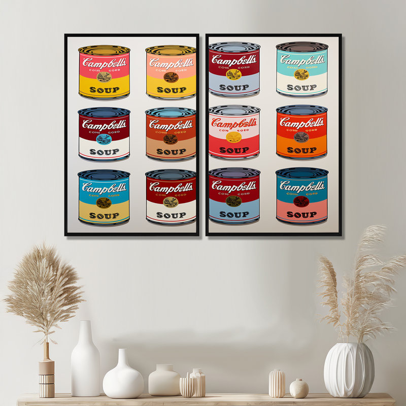 Pop Art Soup Collage III - Large Milk Art Prints On Canvas 2-Pieces, Black, 36" H x 48" W, Floater Framed Print