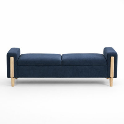 Banc de rangement moderne capitonné avec double couvercle, repose-pieds en tissu chenille avec accoudoirs, banquette-lit robuste avec pieds en bois d'hévéa durable