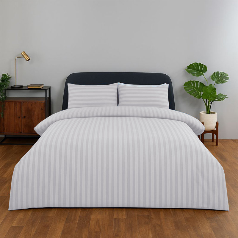 Classic Stripe Microfiber Duvet Set, 4-Piece With Fitted Sheet & Pillowcases, White Striped