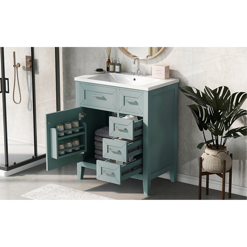 Meuble-lavabo moderne 30 po - Armoire blanche avec lavabo, tiroirs et tablettes, Vert