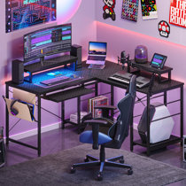 HLDIRECT 47 Inch Gaming Desk with LED Lights Carbon Fibre Surface Gaming  Table Large Computer Desk Ergonomic Home Office Desks Z Shaped PC Gamer