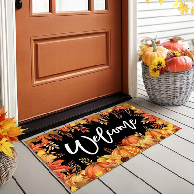 Fall Maple Leaf & Pumpkin Welcome Doormat – Non-Slip Indoor/Outdoor Entry Mat, 17x29 In.