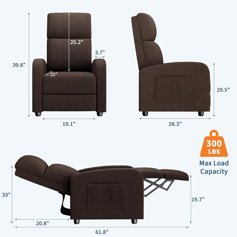 Recliner Chair For Adults, High Backrest, Thick Cushion, With Side Pocket, Brown