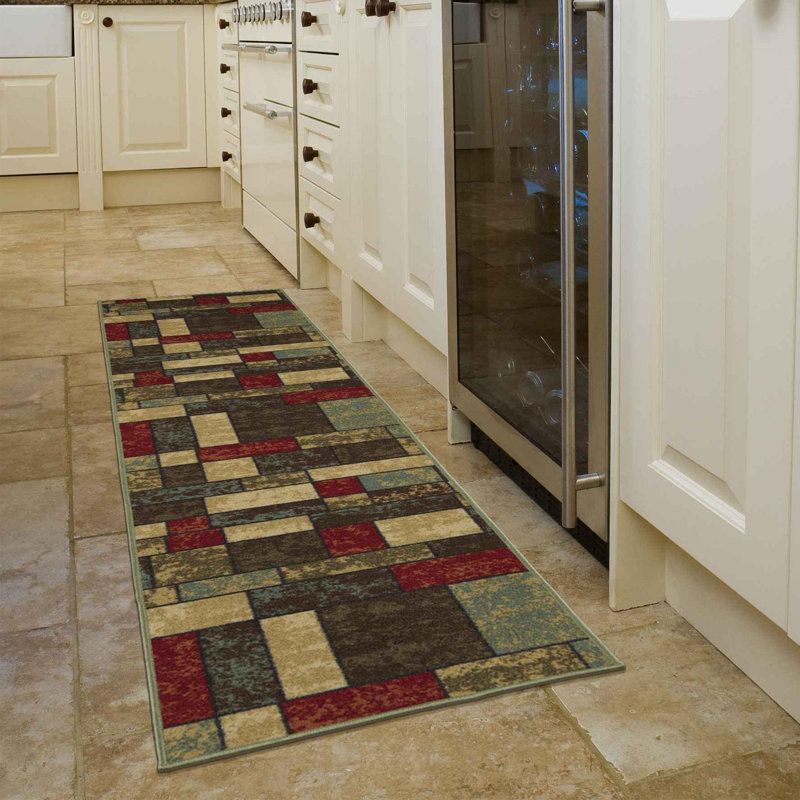 Ottohome Non-Slip Boxes Area Rug For Living Room, Hallway, Entryway Rug, Runner 1'8" x 4'5"