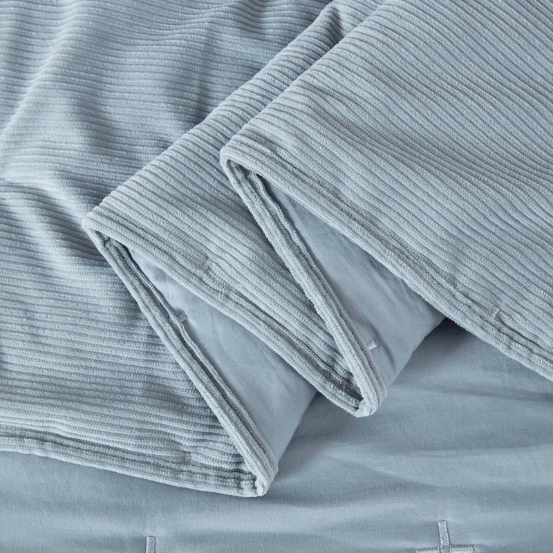  Corduroy Polyester Cross Stitch Comforter Set, King Comforter + 2 King Shams, Smoke Blue
