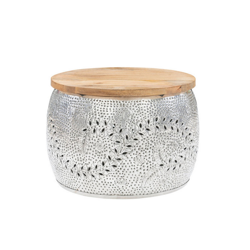 Grande table tambour Sylvie, H 18,5 po x l 27,5 po x P 27,5 po, Naturel / argent