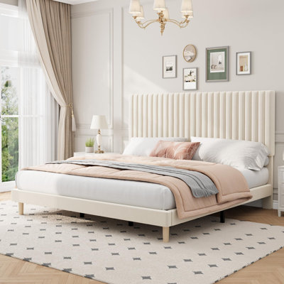 Lit plateforme tapissier très grand en velours, tête de lit ajustable capitonnée à 3 niveaux, lattes de bois robustes, structure en métal, aucun sommier nécessaire pour la chambre à coucher, blanc cassé