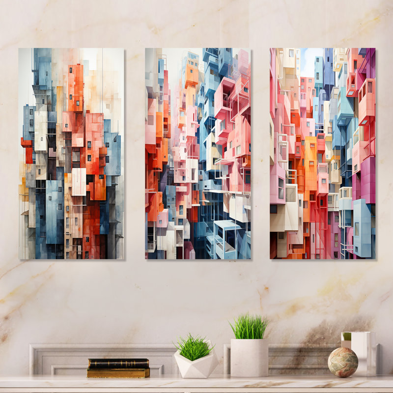 Multicolore cubique gratte-ciel urbain - ensemble de 3 décorations murales en métal gratte-ciel, H 32 po x l 48 po