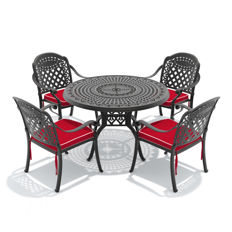 Ensemble de 5 meubles de patio en fonte d'aluminium avec coussins rouges