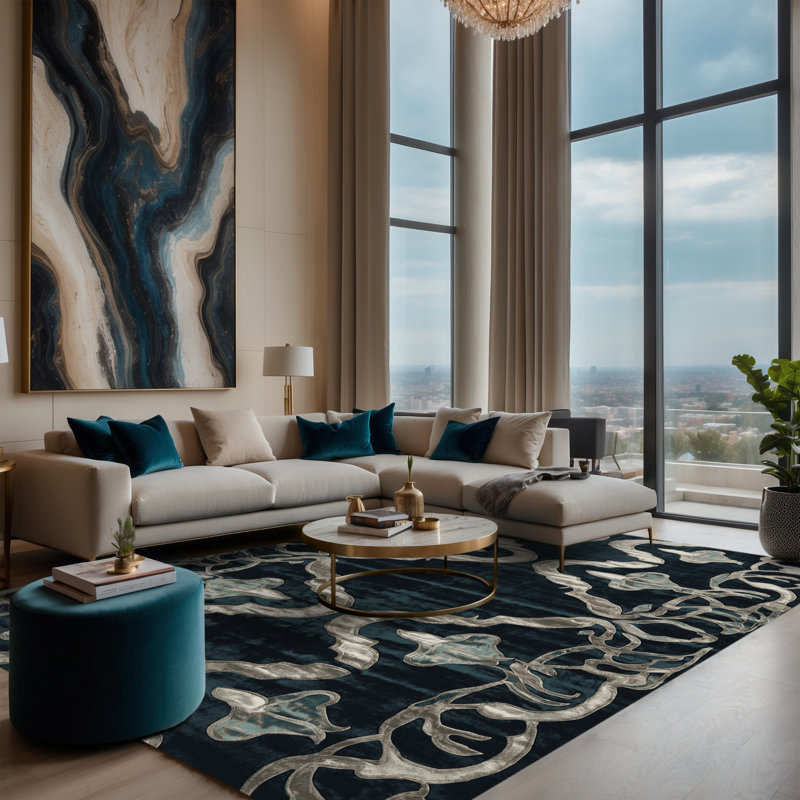 Machine Washable Blue Area Rug, Rectangle 8' x 10'