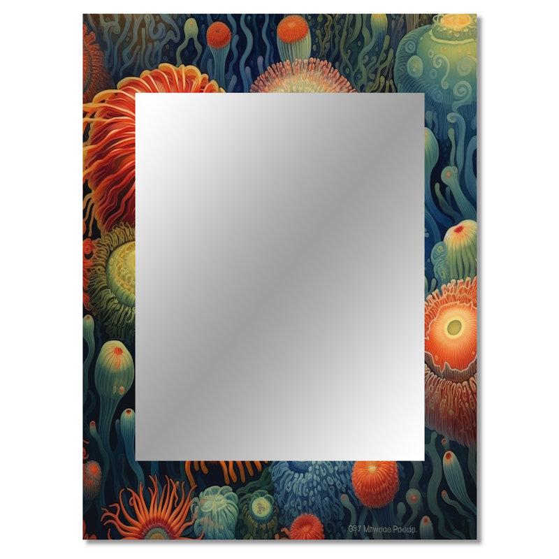 «Beautiful Deep Sea Anemones Retro Harmony V» - miroir mural unique animaux marins, miroir bleu, reproduction d'art en métal
