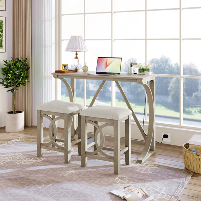 Ensemble de table de salle à manger à hauteur de comptoir 3 pièces Farmhouse avec port USB et tabourets rembourrés, idéal pour les petits espaces et la vie moderne