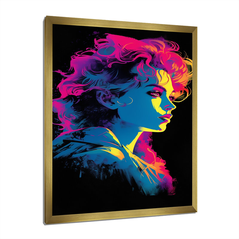 Portrait rétro pop art d'une femme néon féroce, Cadre doré à une seule photo, H 40 po x l 30 po x P 1,5 po
