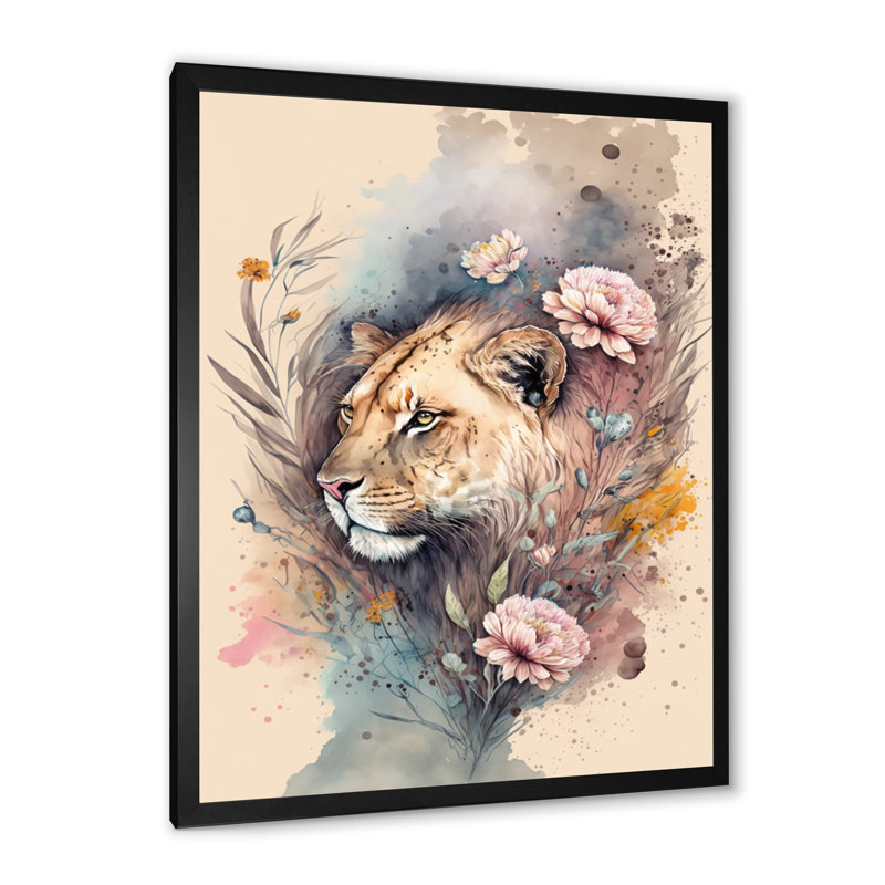 «Cute Lions Floral 3», impression sur toile, Cadre photo noir, H 20 po x l 12 po x P 1 po
