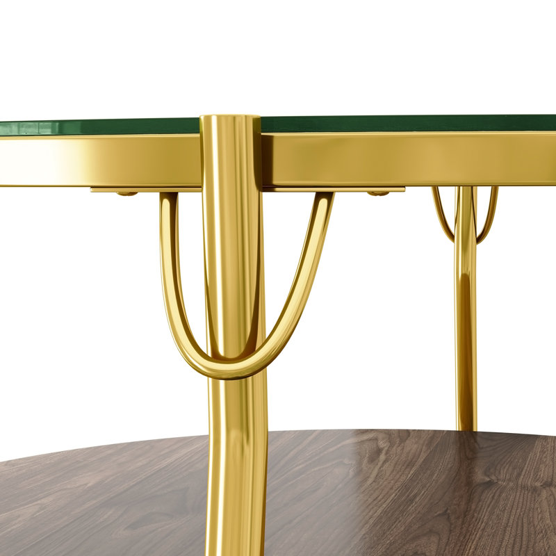 Table basse moderne à 2 niveaux en noyer avec plateau en verre et base dorée pour salon, 29,9 po