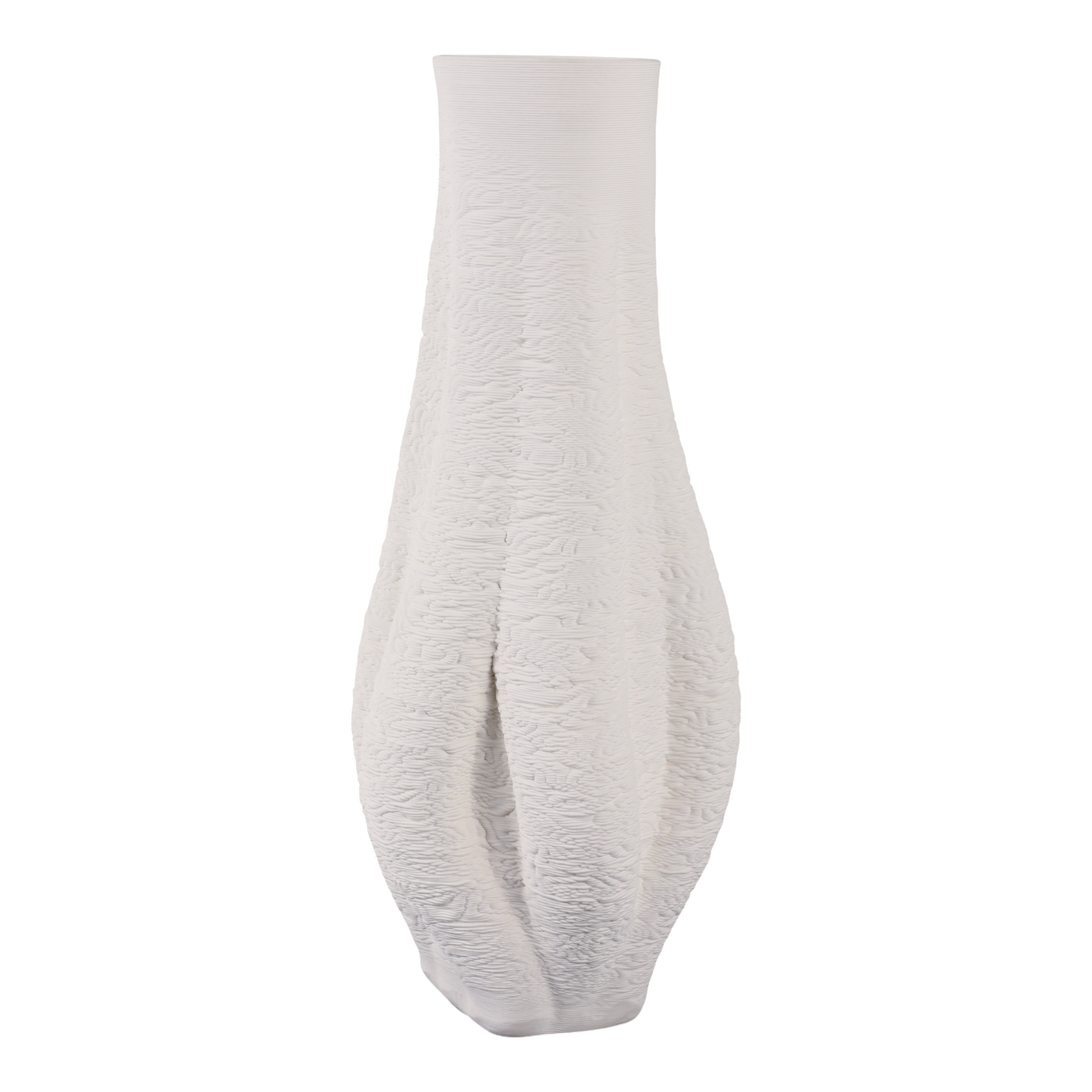 Porcelain Sculptural Vase With Organic Curved Silhouette And Intricate Textural Detailing For Artistic Accent And Contemporary Decorative Display In Modern Interior Settings - 20" H x 8" W x 8" D
