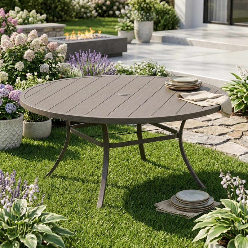60" Patio Metal Round Dining Table, Gray Woodlike