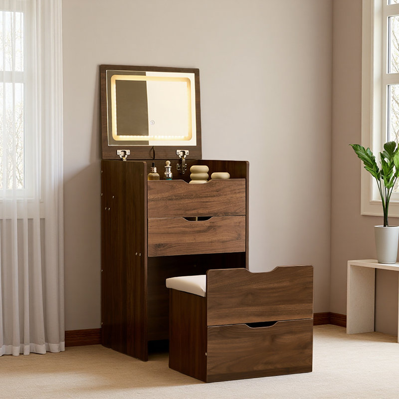 Bureau de meuble-lavabo 3 en 1 avec miroir et lumières, petit ensemble de bureau de meuble-lavabo avec plateau en verre visible, 3 tiroirs, banc de rangement, miroir d'éclairage 3 couleurs, convient au petit bureau de meuble-lavabo