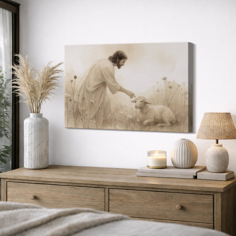 Gentle berger avec agneau, œuvre d'art, impression sur toile encadrée, H 16 po x l 24 po, Toile tendue