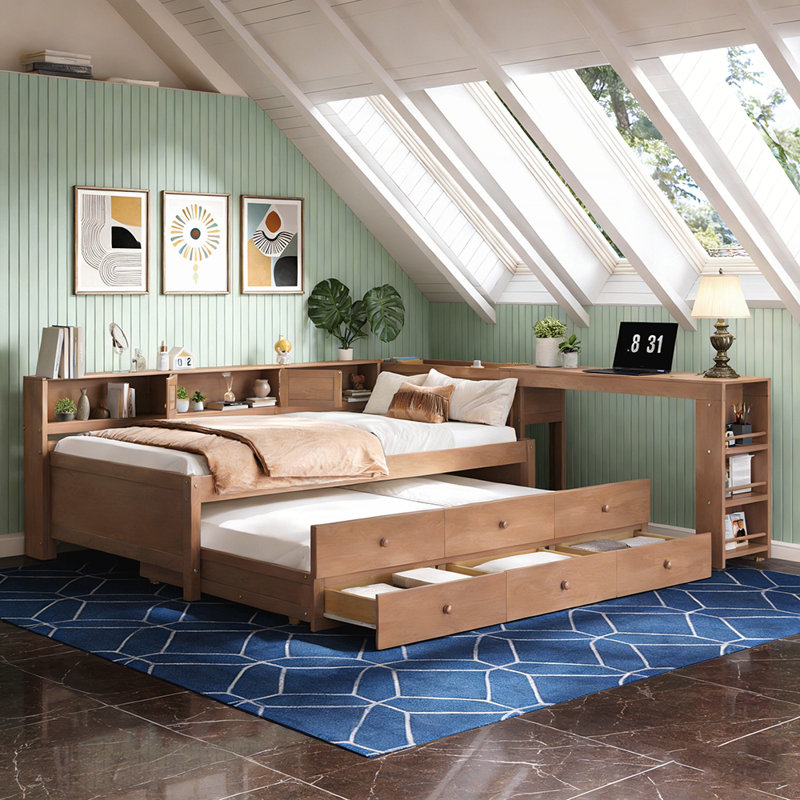 Lit de jour en L avec lit gigogne, tiroirs de rangement, tablettes latérales et bureau intégré pour un espace de vie efficace