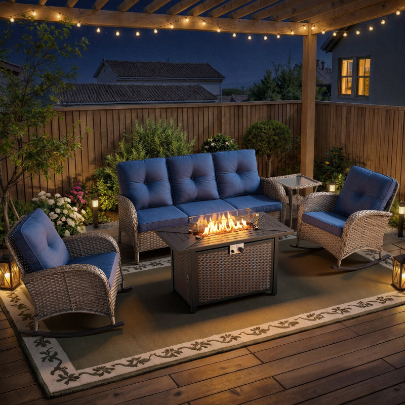 5-Piece Outdoor Patio Rattan Sofa Set With Rocking Chairs And Fire Pit Table, Blue