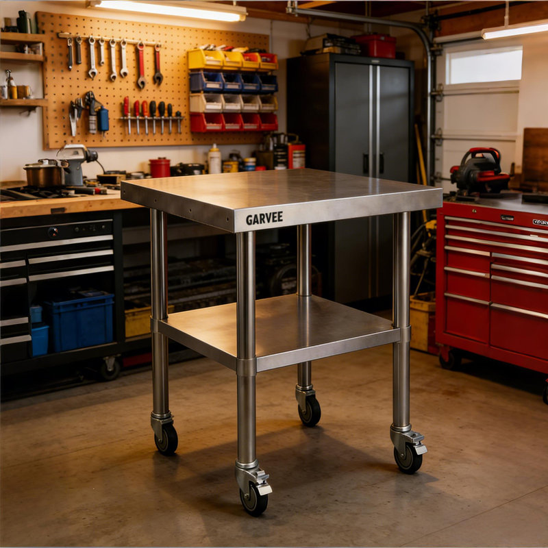 Table de travail en acier inoxydable avec roulettes pour la maison, le garage du restaurant, H 26 po x L 30 po x l 24 po