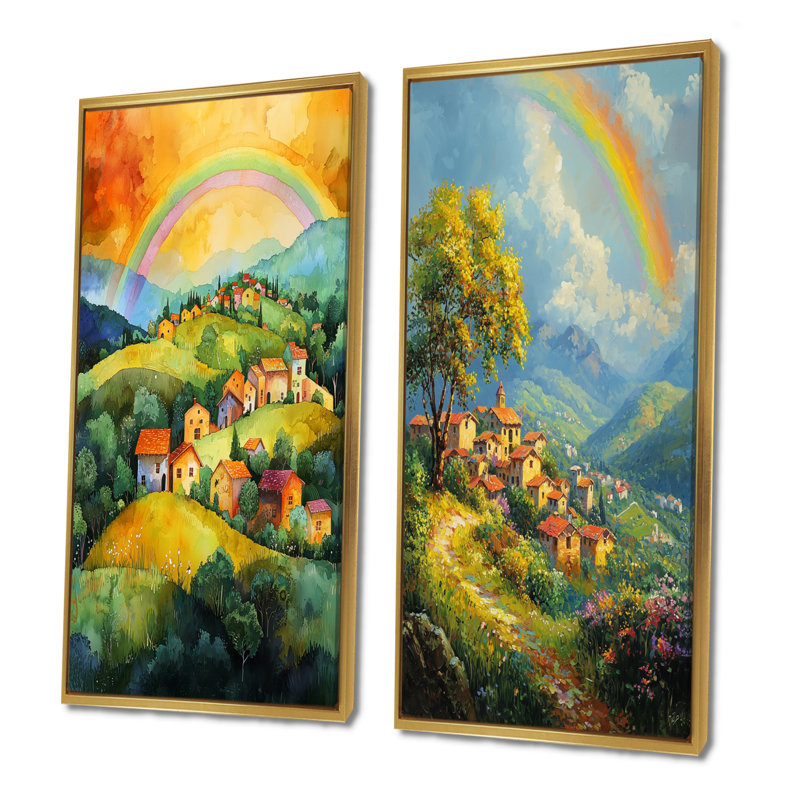 Rainbow Over The Hillside Village I - Collection d'art sur toile 2 panneaux, H 40 po x l 41 po, Cadre flottant doré