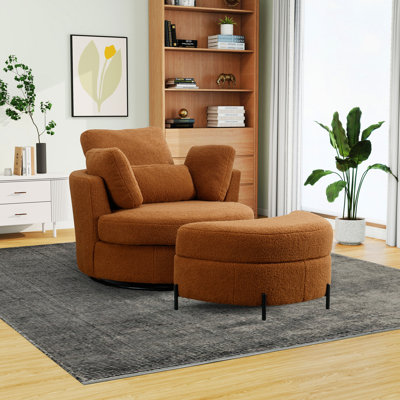 Achorn Upholstered Slipcovered Swivel Barrel Chair with Ottoman