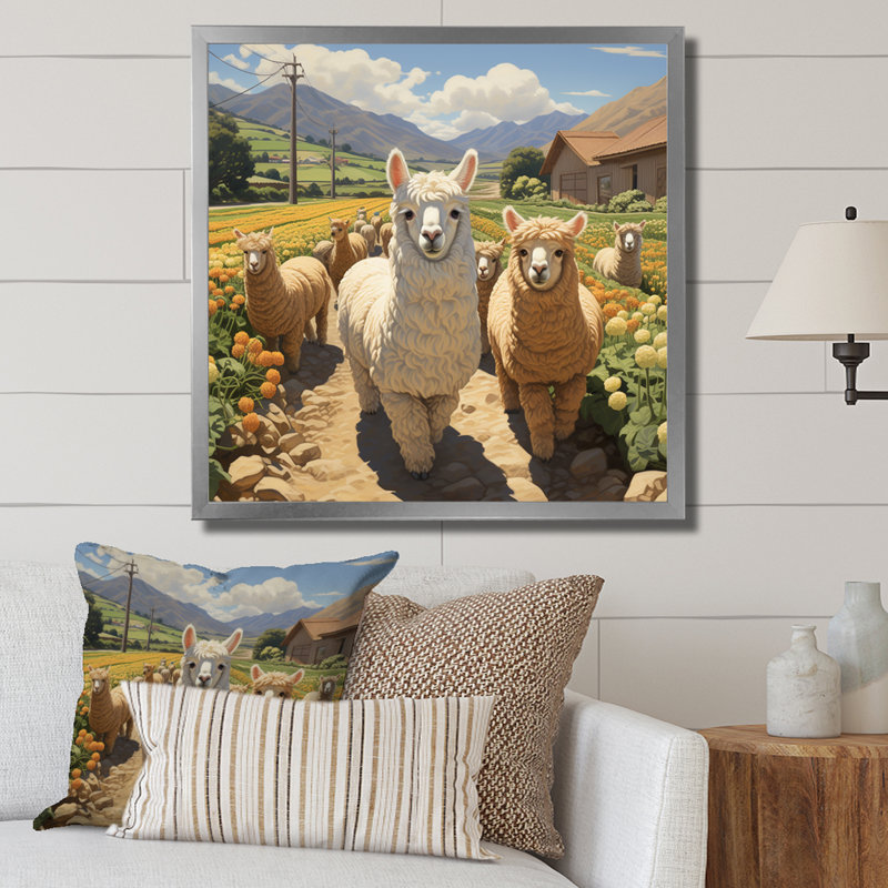 Cheerful Farm Alpaca Portrait - Perroquet, art mural, Cadre simple argenté, H 36 po x l 36 po x P 1,5 po