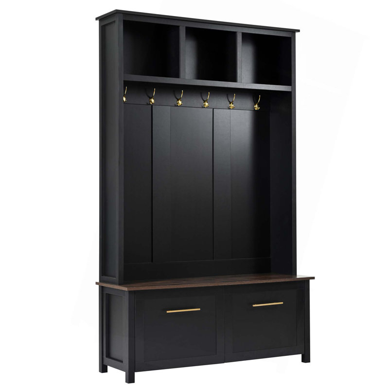 Versatile 4-In-1 Hall Tree With 6 Golden Hooks,Wood Grain Bench With Multiple Storage Space,Entryway Coat Rack With 2 Drawers For Living Room,Hallway