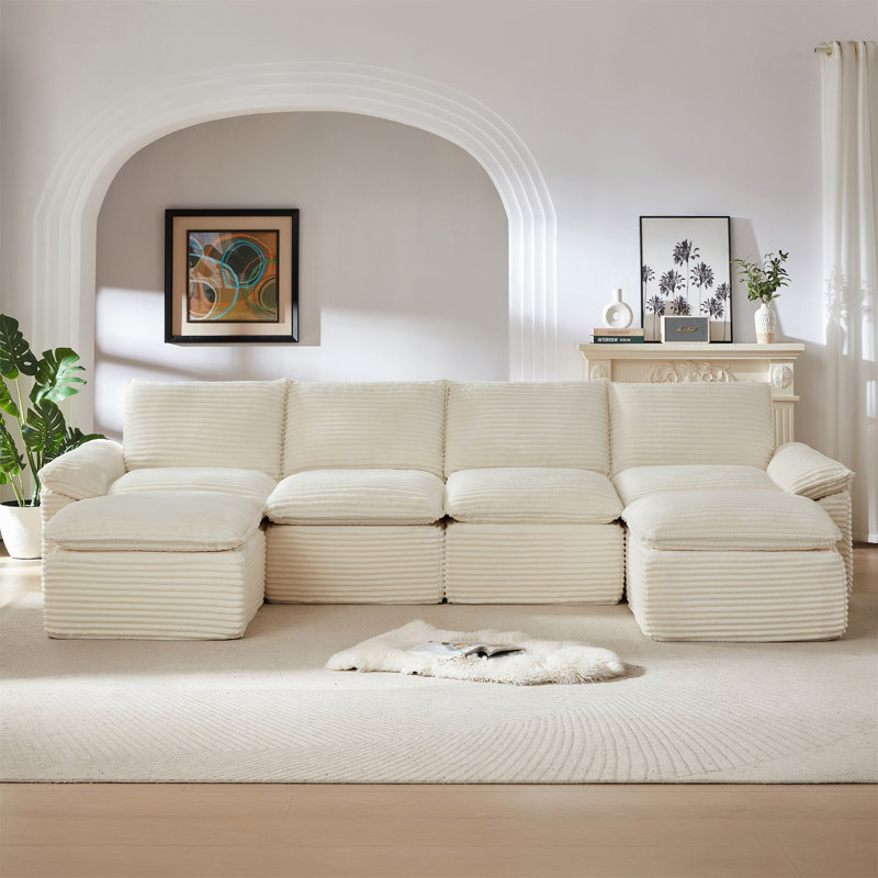 Canapé moderne Cloud, Velours côtelé blanc, H 35,43 po x l 141,74 po x P 70,07 po