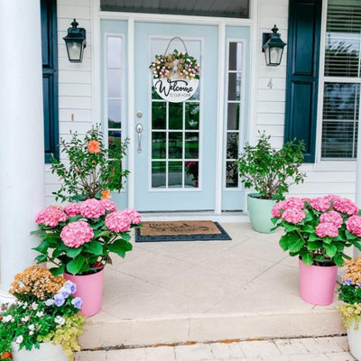Floral Welcome Wreath For Front Door, 3d Pink Flower Wood Door Hanger, Farmhouse Porch And Entryway Wall Decor