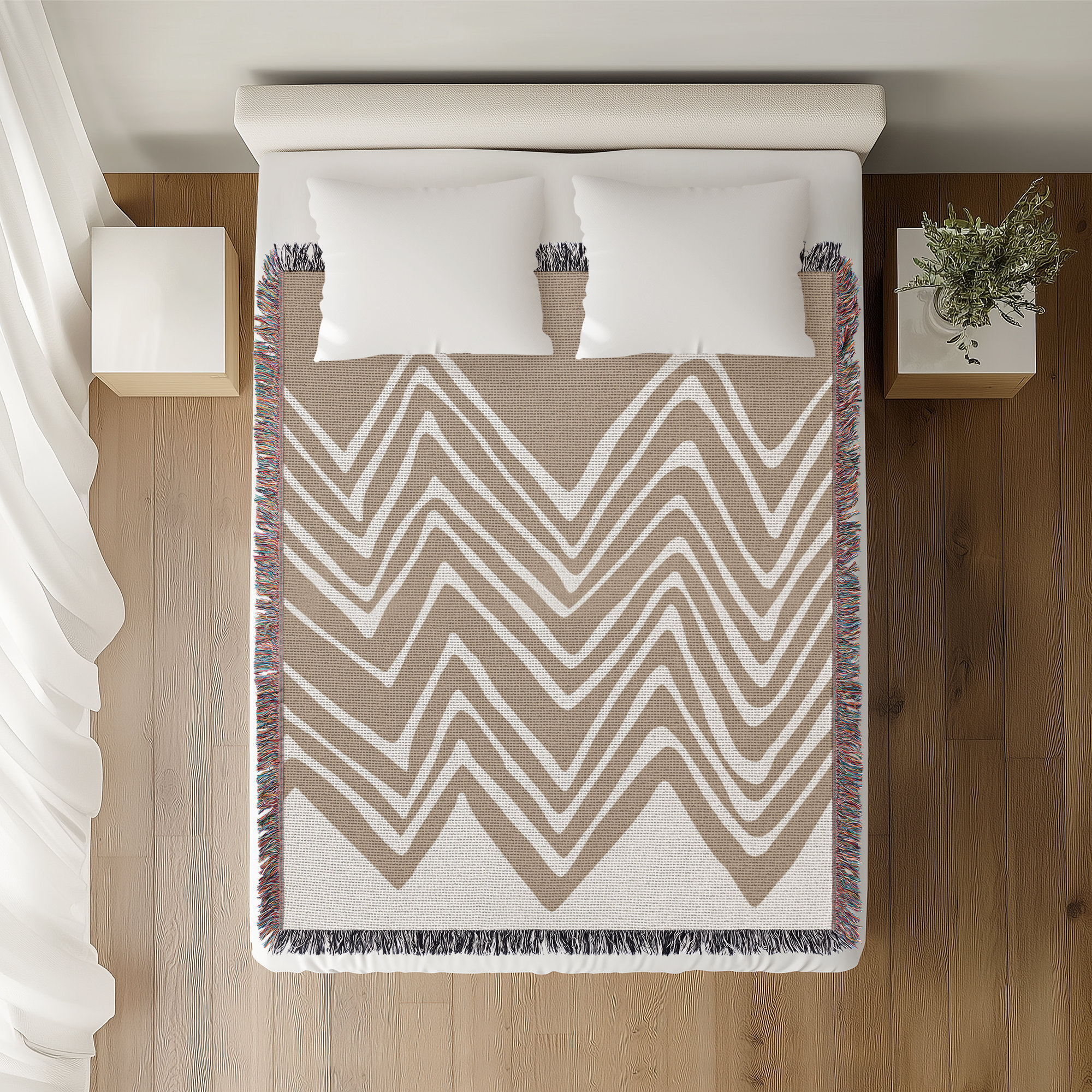 Addai Abstract Triangle Pattern Blanket , Throw, Beige