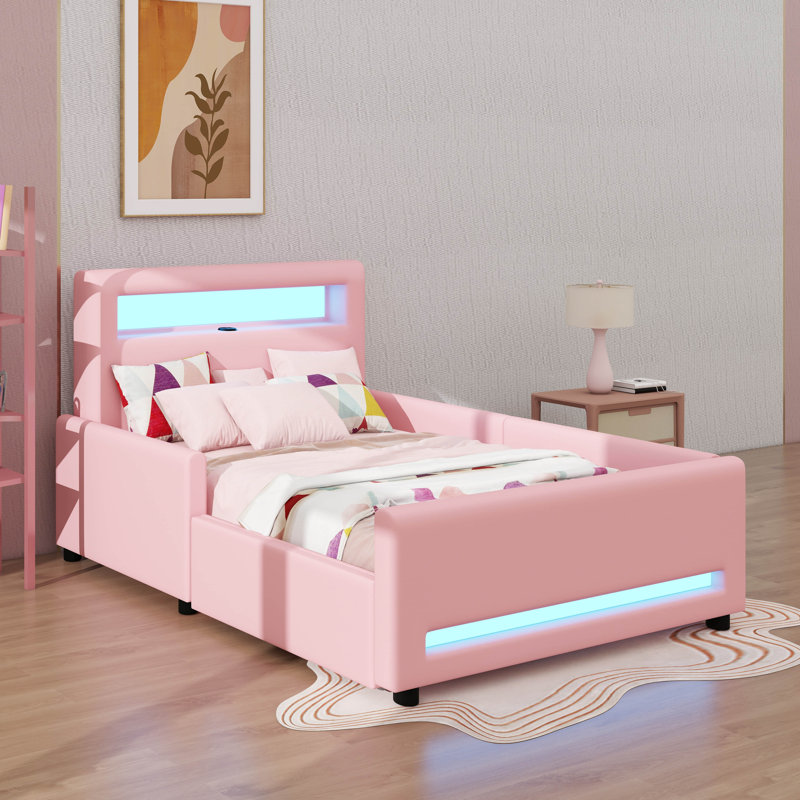 Lit plateforme tapissier avec tiroir, bande lumineuse à DEL et port USB, lit de rangement en tissu PU, Lit simple, Rose