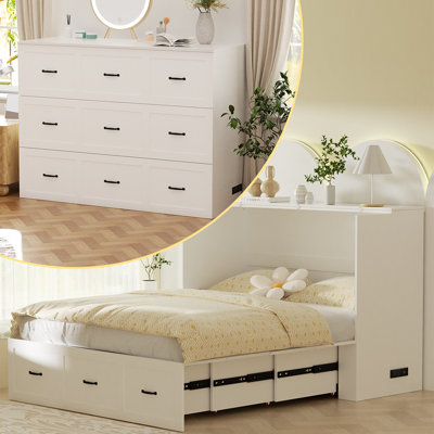 Grand lit escamotable, armoire en bois de ferme avec station de charge et tiroir de rangement pour le bureau à domicile ou une petite pièce, blanc