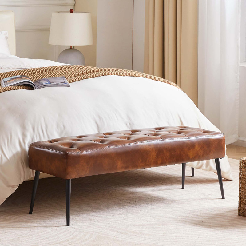 Faux Leather Upholstered Bench with Metal Legs, Yellowish Brown