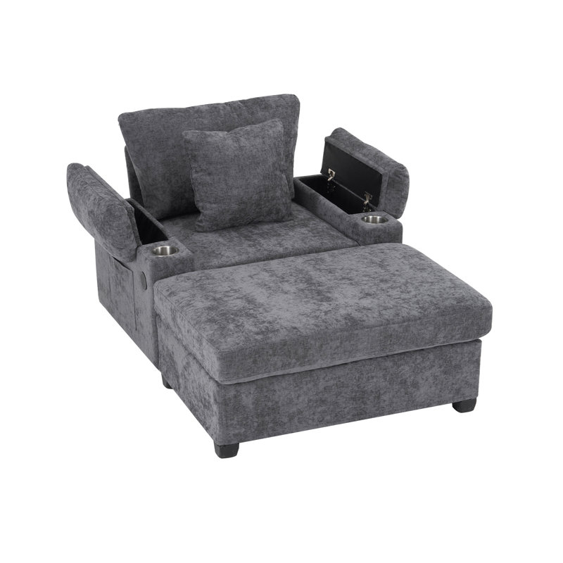 Fauteuil d'appoint confortable avec revêtement en chenille, repose-pieds rotatif à 90 degrés et siège de chargement gris foncé pour le salon, siège confortable, porte-gobelets et abri de jardin