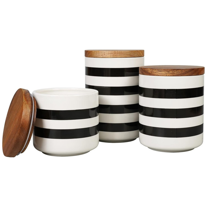 Ensemble de 3 pots en céramique avec couvercles en bambou noir et blanc