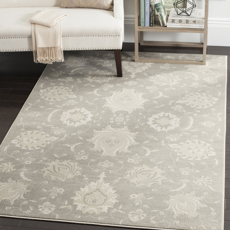 Elegant Grey Ivory 5' x 7' Viscose Synthetic Floral Area Rug