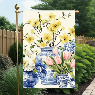 Blue And White Porcelain Floral Vase Double Sided Decorative Flag, 12" X 18"
