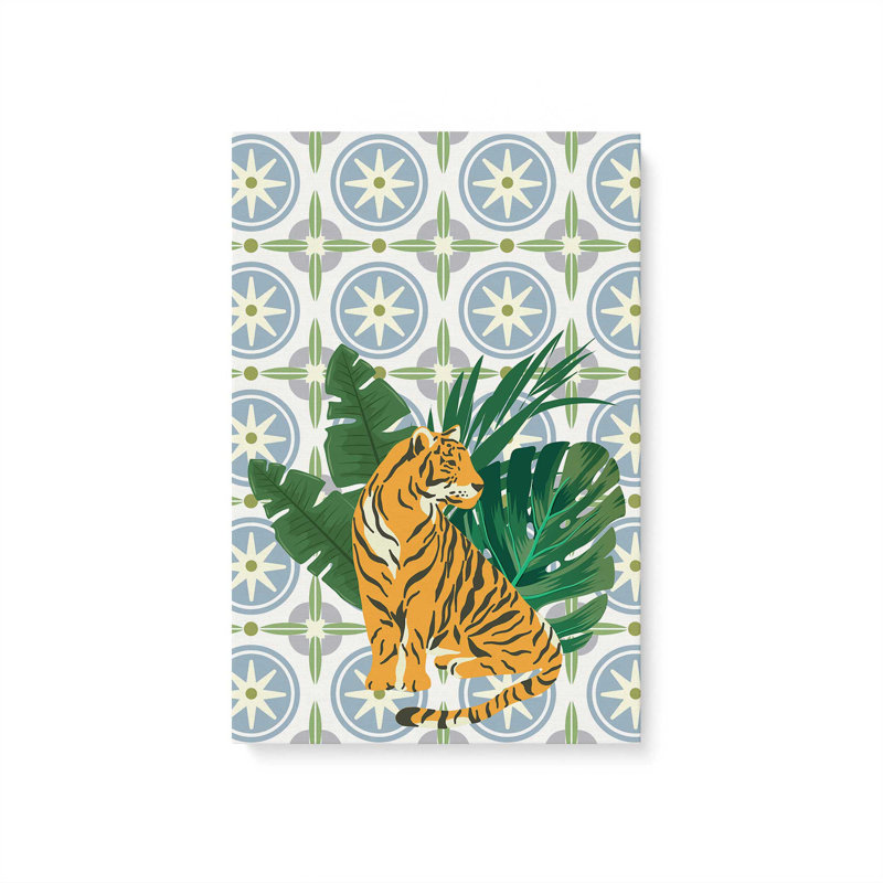 Tigre et motifs tropicaux sur toile tendue, H 48 po x l 32 po