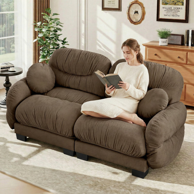 Cloud Modular Loveseat Sofa, Chenille Upholstered 2-Seat Couch with Round Throw Pillows, Modern Comfy Overstuffed Sofa for Living Room, Bedroom, Apartment