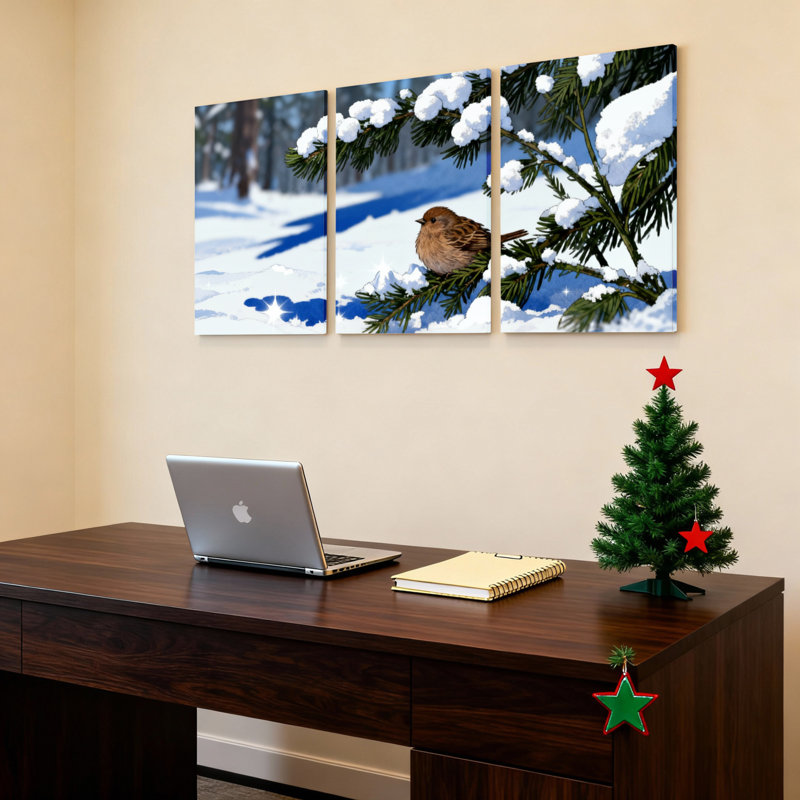 Ensemble de 3 tableaux sur toile tendue représentant un moineau d'hiver sur une branche de pin enneigée, H 24 po x l 48 po