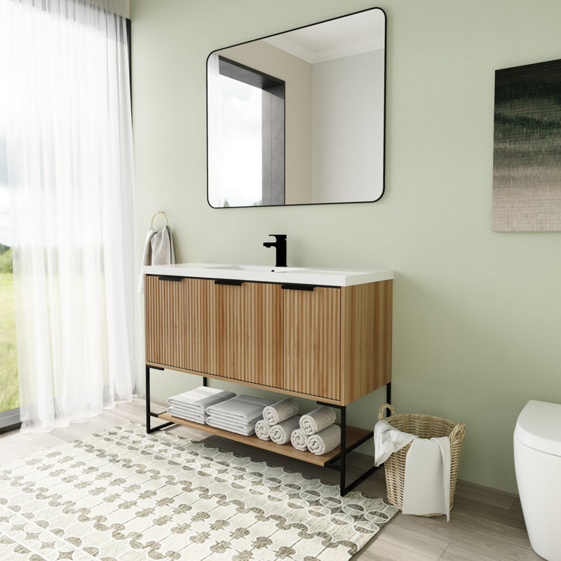 Meuble-lavabo sur pied simple 48 po avec comptoir en résine, Noir mat, Marron clair