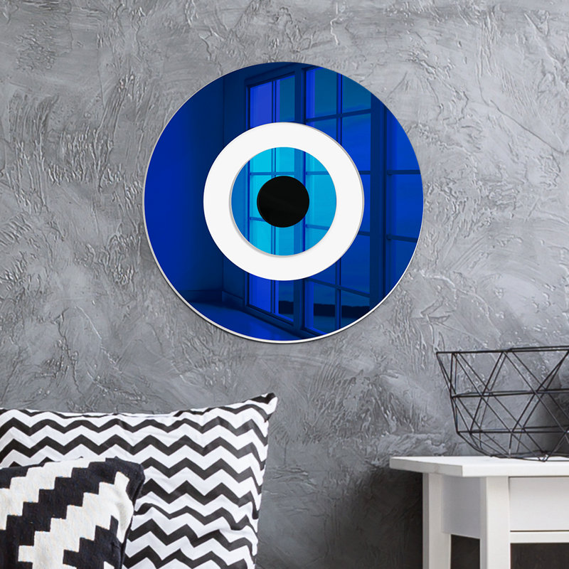 Blue and White Evil Eye Mirrored Wall Decor, 24" H x 24" W x 1" D