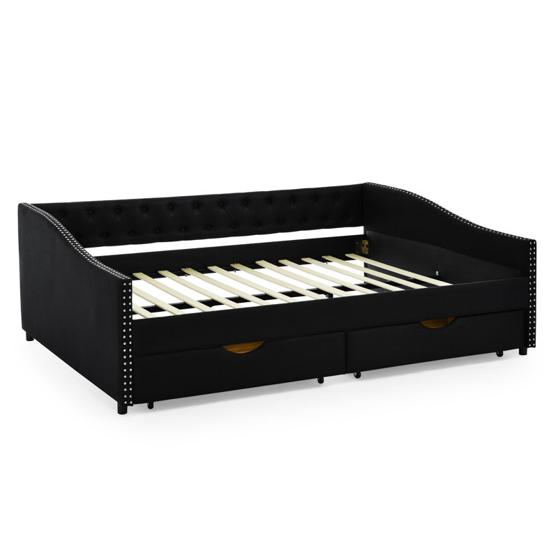  Daybed With Drawers Upholstered Tufted Sofa Bed, With Button On Back And Copper Nail On Waved Shape Arms, Queen, Black