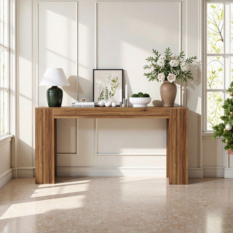 Console très longue en bois aggloméré de 62,99 pouces pour vestibule, dossier de canapé et espaces étroits, Noyer