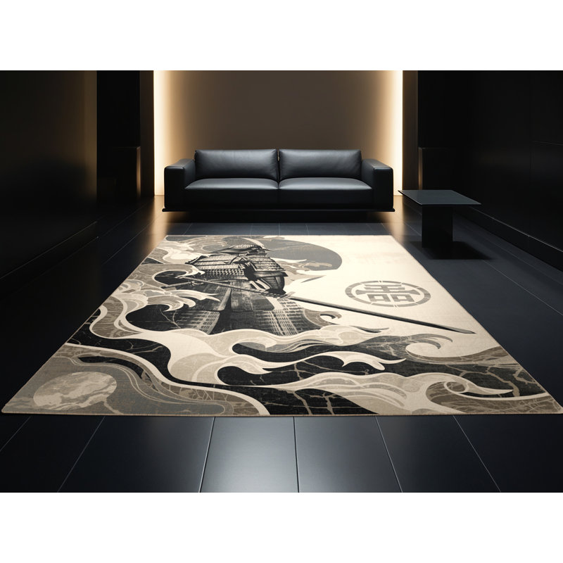 Tapis beige chic et luxueux lavable à la machine Rocco Shogun Warrior, 7 x 9