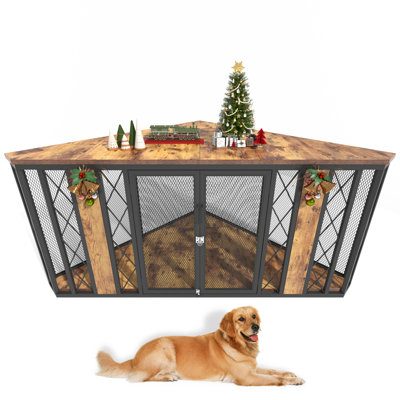 67 Inch Large Corner Dog Crate Furniture, Decorative Dog Kennel Furniture TV Stand, Large Wooden Corner Dog Kennel Furniture with 2 Doors